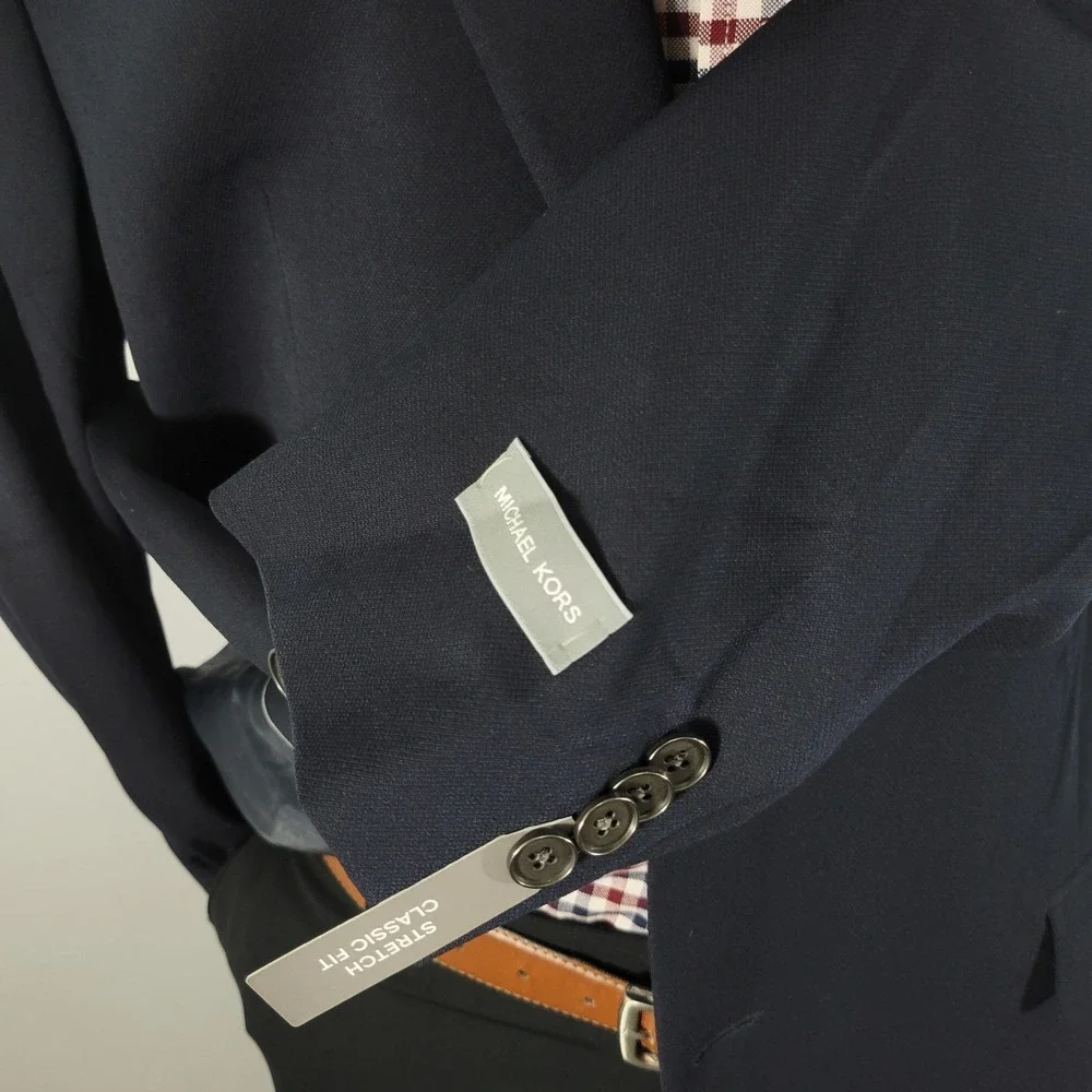 Michael Kors KOOP Mens Sport Coat Blazer Two Button Navy Blue Poly Blend 44L NEW